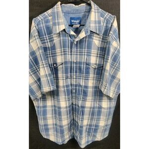 WRANGLER WESTERN SHIRT Pearl‎ Snap Blue Tan Plaid Short Sleeve Mens XXL EUC